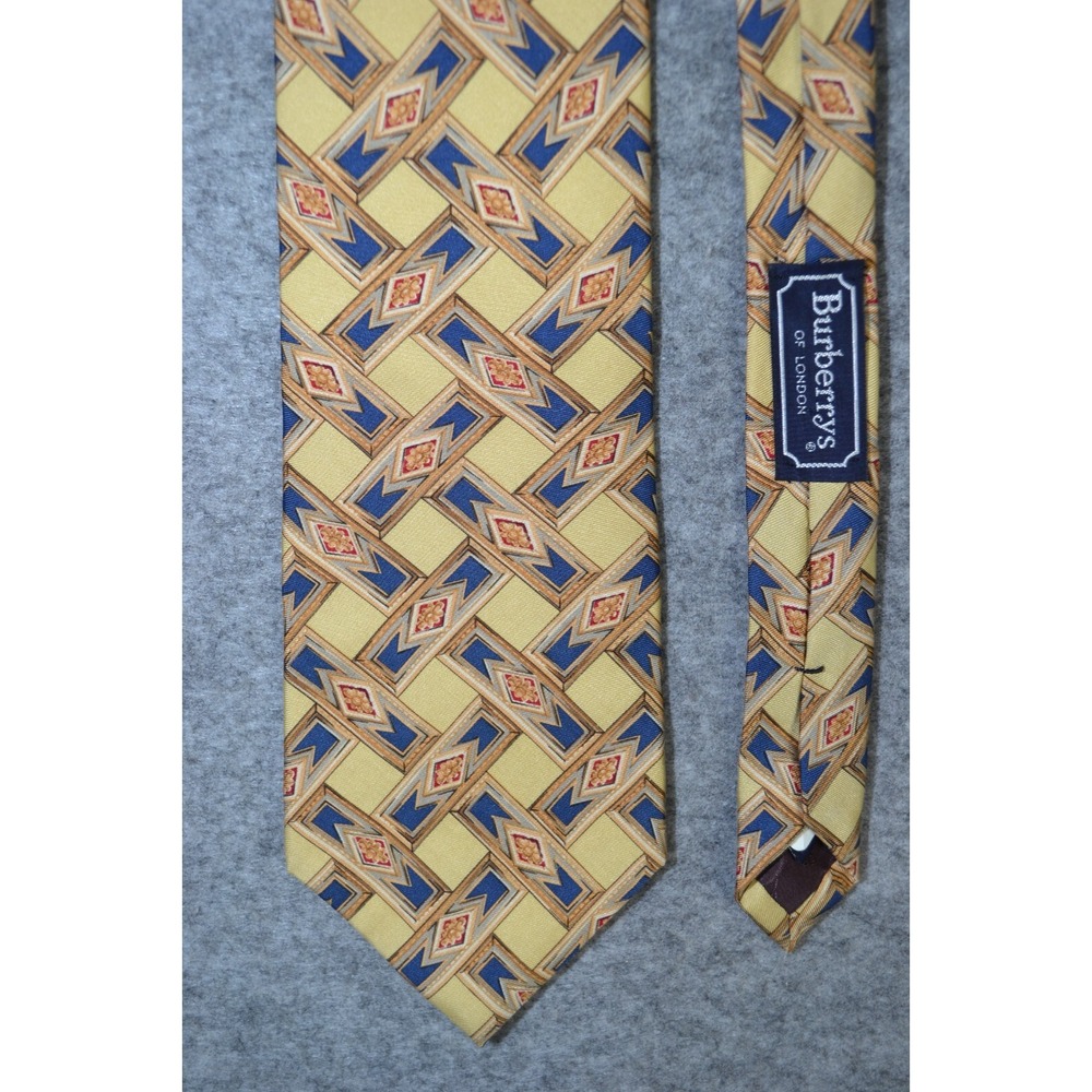 Burberrys of‎ London Designer Neck Tie Mens Blue Yellow Geometric Pure Silk